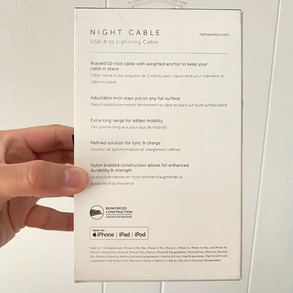 Native Union Night Cable USB-A Cable 10ft Zebra for iPhone iPad Reinforced Cable